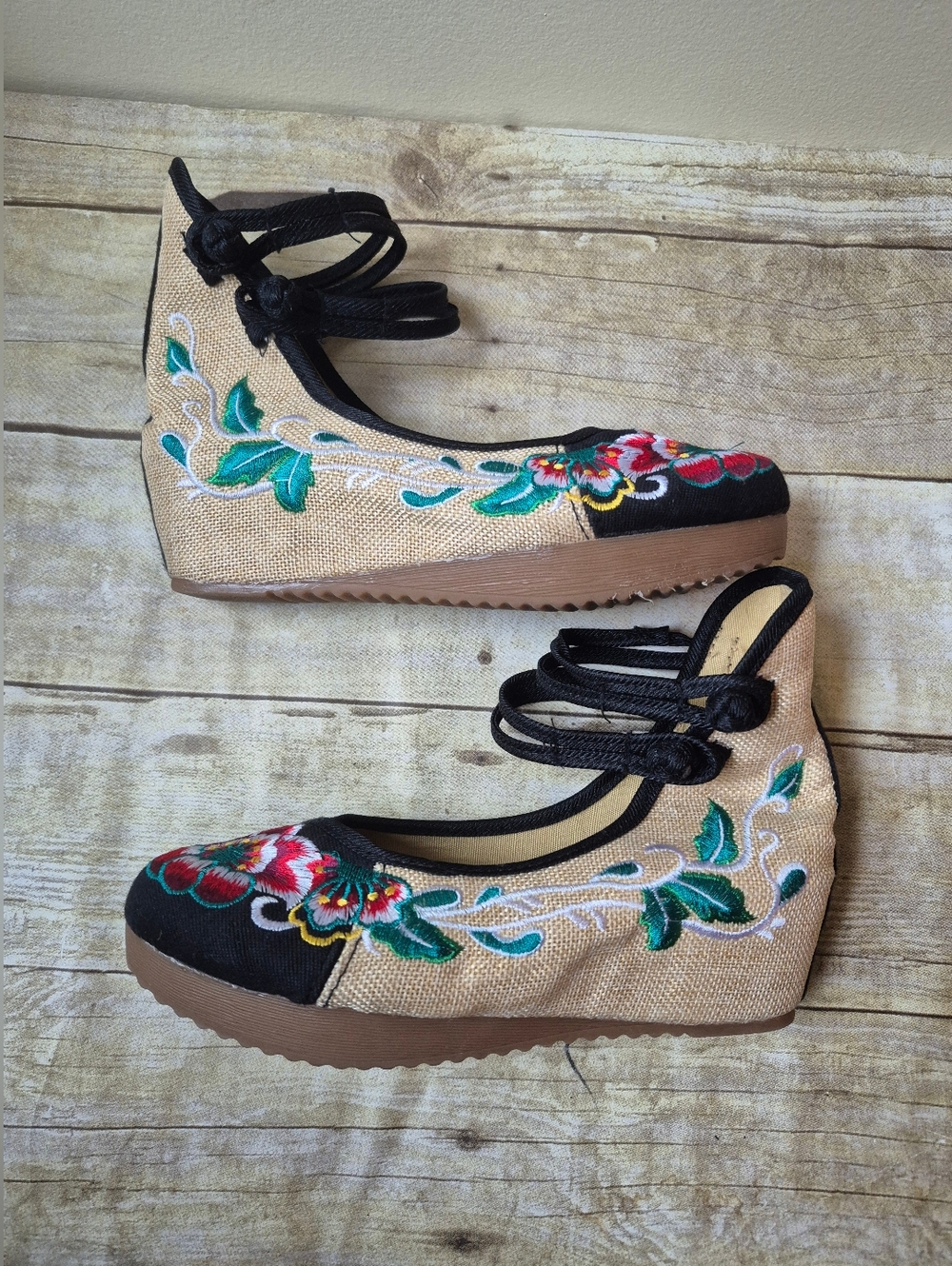 Black Embroidered Floral Ankle-Tie Wedges - Picture 2 of 14